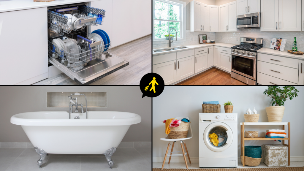 Four images showing some of the features serviced accommodation has that hotels don't In the top left is a dishwasher, in the top right is a full kitchen with an Oven, in the bottom left is a claw-footed bath tub and in the bottom right is a washing machine.