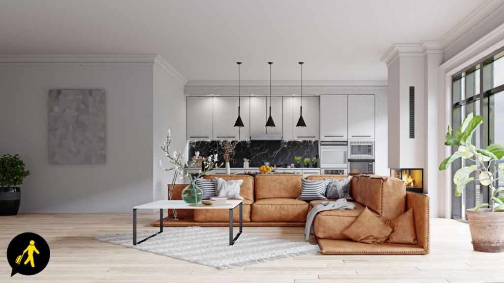 An example of a serviced house or apartment open-plan living and kitchen room.