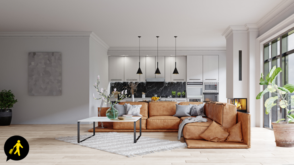 An example of a serviced house or apartment open-plan living and kitchen room. 