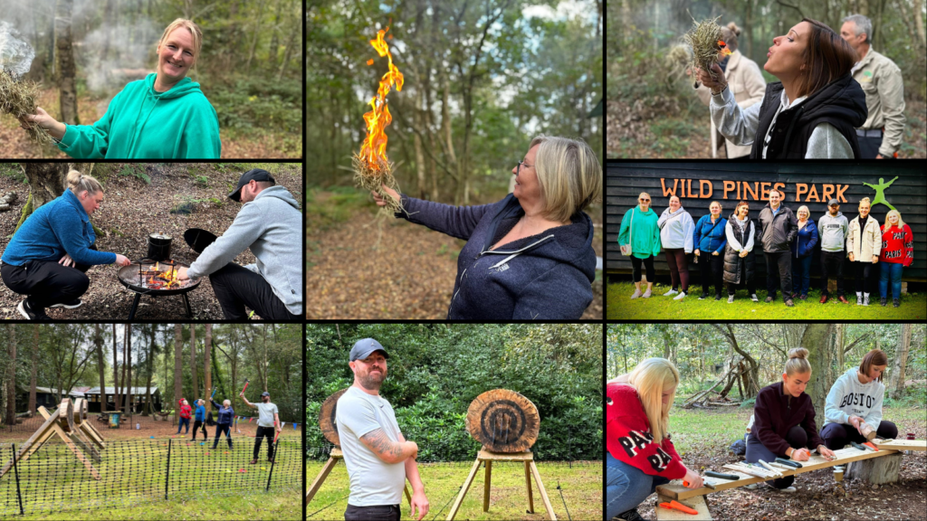 A collection of photos of the team at the team building day at Wild Pines Park. The photos include Rowan, Lynsey & Michelle with their fires, Mollie, Athina & Lynsey doing some woodwork, Darren with his triple bullseye axe throw, Sarah & Darren making smores, a group photo and Mollie, Rowan, Sarah & Darren doing some axe throwing.